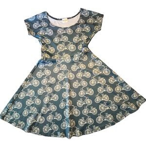 CowCow Women’s Dress in Dark Teal and White with Bicycles Size Medium.